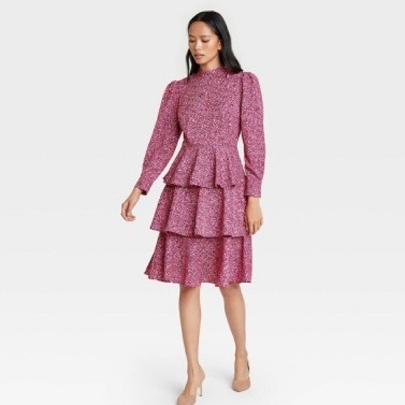 NWT Who What Wear Pink Leopard Print Puff Long Sleeve A- Line Dress Small - Picture 1 of 10